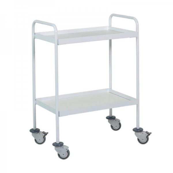 Chariot porte-appareils à électromédecine: deux tablettes en acier avec double poussoir pour un déplacement aisé Chariot porte-appareils à électromédecine: deux tablettes en acier avec double poussoir pour un déplacement aisé